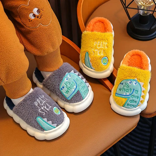 Cute Dinosaur Plush House Slippers for Boys and Girls - Non-Slip and Warm Indoor Shoes