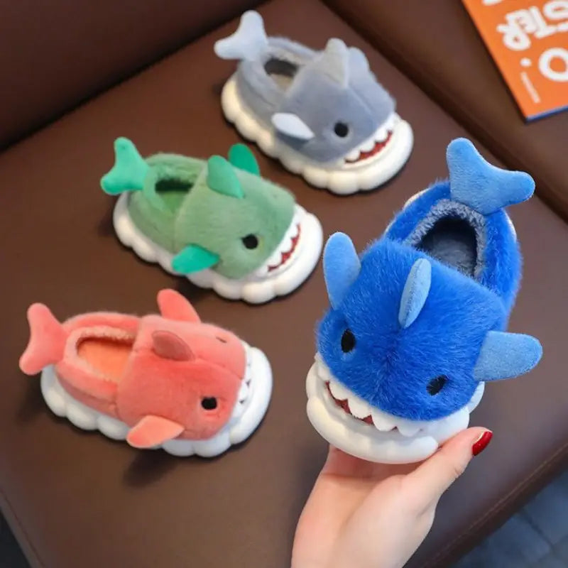 Comfortable Cartoon Shark Plush Slippers for Kids - Soft and Warm Indoor/Outdoor Shoes with Non-Slip Sole, Perfect for Boys & Girls