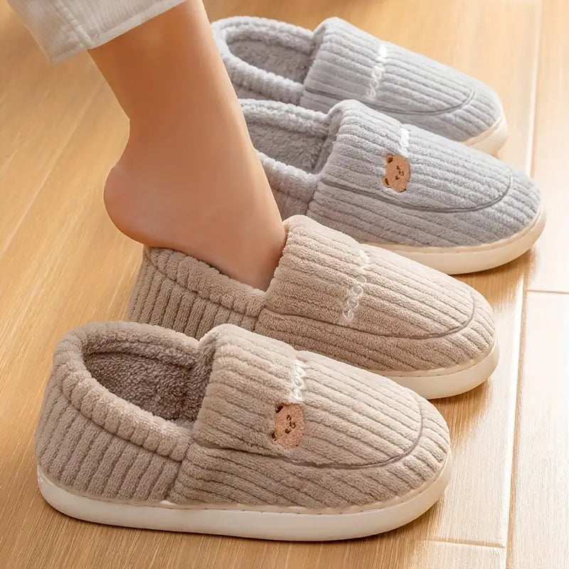 Cute Bear Plush Warm House Slippers - Soft Sole Cozy Shoes for Men and Women with Non-Slip Design