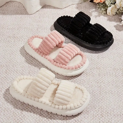 Double Strap Platform Fluffy Slippers - Soft Plush Indoor House Shoes | Comfortable Non-Slip Design