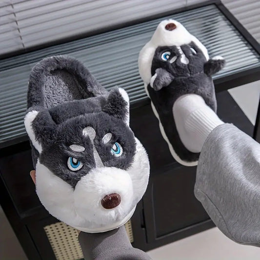 Comfortable Husky Dog Plush Slippers for Men and Women - Warm and Non-Slip Indoor Shoes