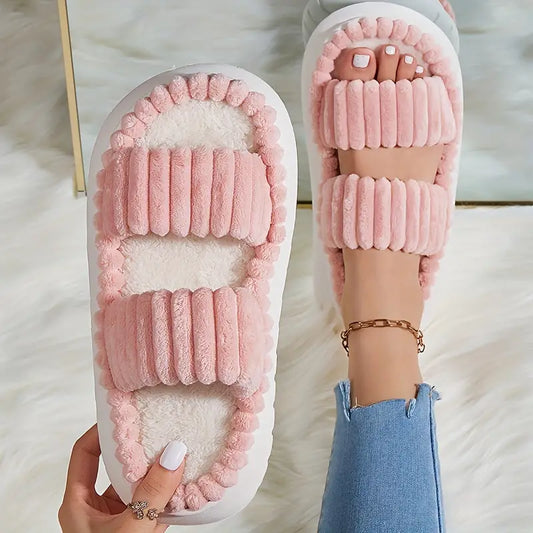 Double Strap Platform Fluffy Slippers - Soft Plush Indoor House Shoes | Comfortable Non-Slip Design