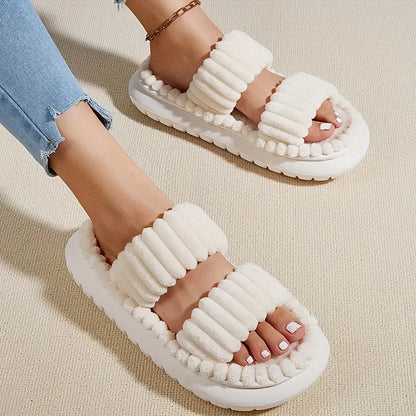 Double Strap Platform Fluffy Slippers - Soft Plush Indoor House Shoes | Comfortable Non-Slip Design