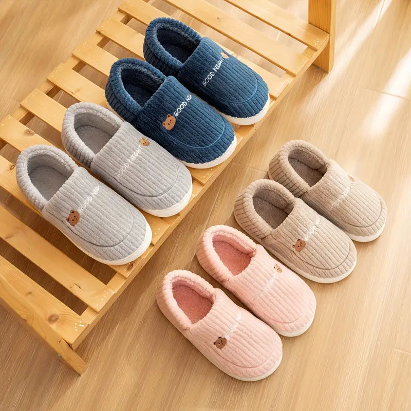 Cute Bear Plush Warm House Slippers - Soft Sole Cozy Shoes for Men and Women with Non-Slip Design