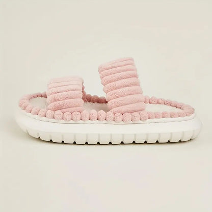 Double Strap Platform Fluffy Slippers - Soft Plush Indoor House Shoes | Comfortable Non-Slip Design