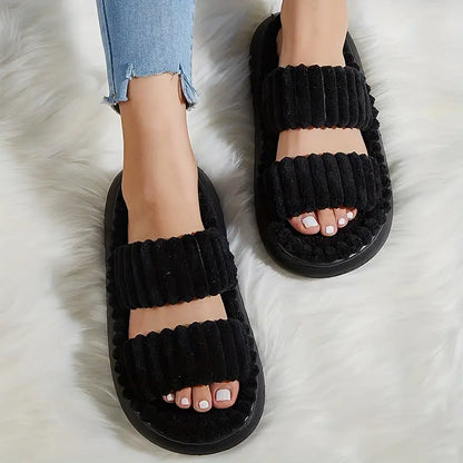 Double Strap Platform Fluffy Slippers - Soft Plush Indoor House Shoes | Comfortable Non-Slip Design